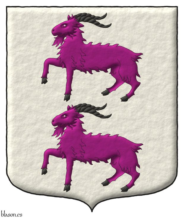 Escudo de plata, dos cabras en palo de p�rpura, acornadas de sable.