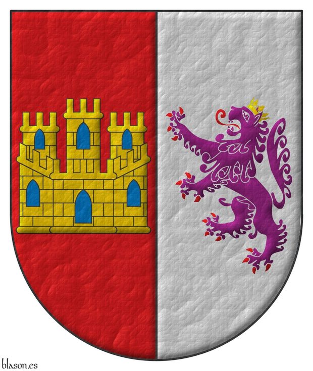 Escudo partido: 1o de gules, un castillo de oro, aclarado de azur, mazonado de sable; 2o de plata, un len rampante de prpura, armado y lampasado de gules, coronado de oro.