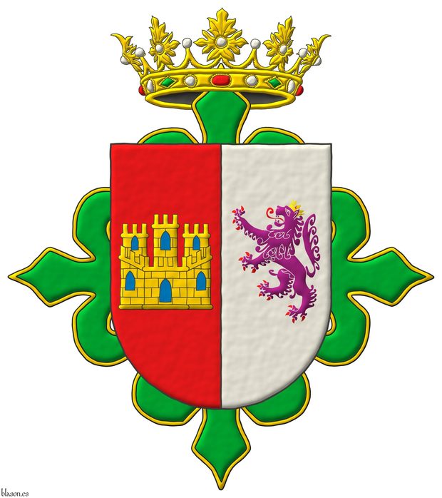 Escudo partido: 1o de gules, un castillo de oro, aclarado de azur, mazonado de sable; 2o de plata, un len rampante de prpura, armado y lampasado de gules, coronado de oro. Timbrado de una corona real abierta. Acolada detrs del escudo una cruz de Alcntara.