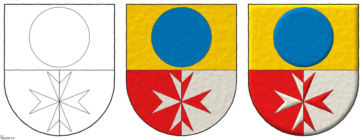 Escudo cortado y medio partido: 1o de oro, un roel de azur; 2o de gules y 3o de plata, brochante sobre ambos, una cruz de Malta del uno al otro.