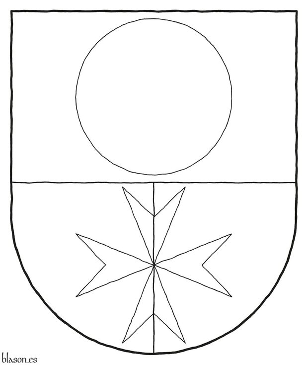 Escudo cortado y medio partido: 1o de oro, un roel de azur; 2o de gules y 3o de plata, brochante sobre ambos, una cruz de Malta del uno al otro.
