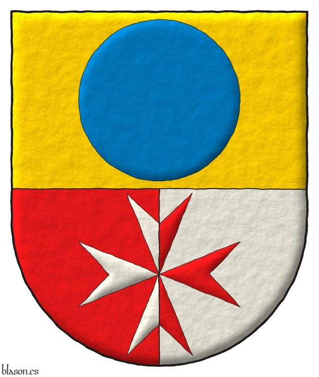 Escudo cortado y medio partido: 1o de oro, un roel de azur; 2o de gules y 3o de plata, brochante sobre ambos, una cruz de Malta del uno al otro.