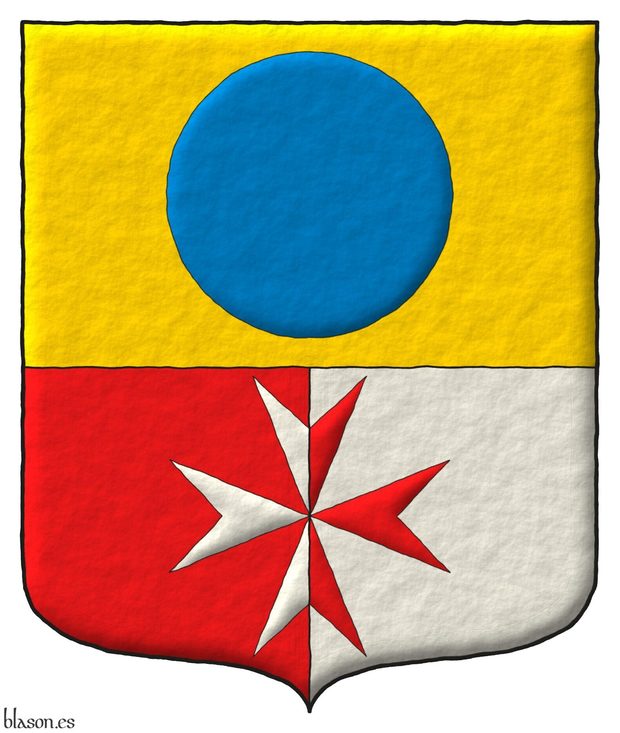 Candasnos, municipality of Party per fess, the base per pale: 1 Or, a hurt; 2 Gules and 3 Argent, over both a cross of Malta counterchanged.