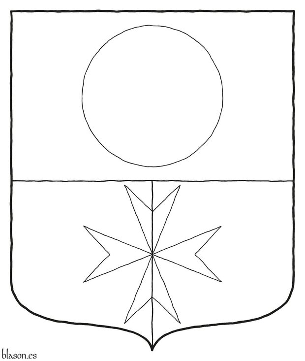 Municipality of Candasnos, outlined Party per fess, the base per pale: 1 Or, a hurt; 2 Gules and 3 Argent, over both a cross of Malta counterchanged.