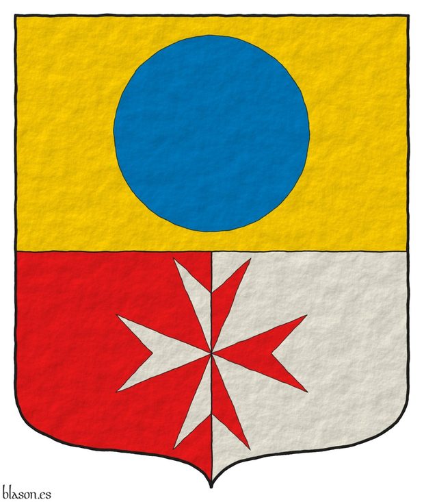 Municipality of Candasnos, plain tincture Party per fess, the base per pale: 1 Or, a hurt; 2 Gules and 3 Argent, over both a cross of Malta counterchanged.
