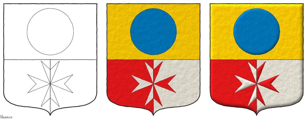 Party per fess, the base per pale: 1 Or, a hurt; 2 Gules and 3 Argent, over both a cross of Malta counterchanged.