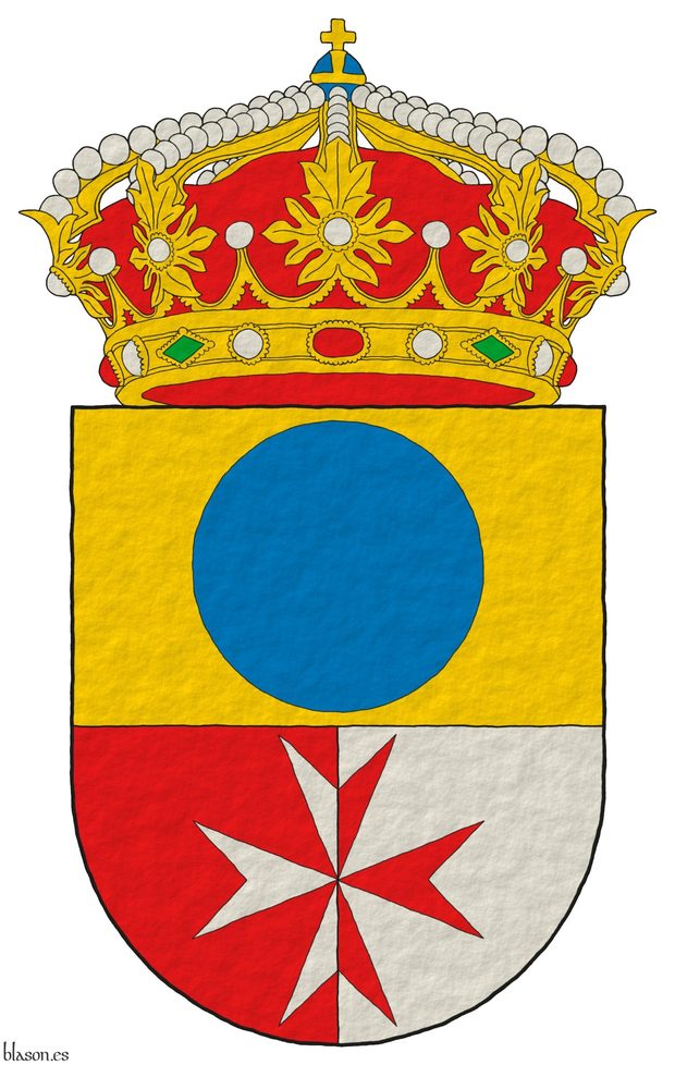 Escudo cortado y medio partido: 1o de oro, un roel de azur; 2o de gules y 3o de plata, brochante sobre ambos, una cruz de Malta del uno al otro. Timbrado de una corona real cerrada.
