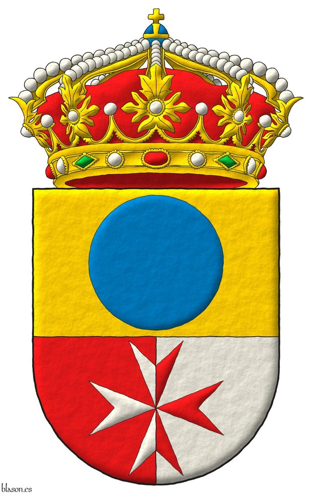 Corona municipio de Candasnos Escudo cortado y medio partido: 1o de oro, un roel de azur; 2o de gules y 3o de plata, brochante sobre ambos, una cruz de Malta del uno al otro. Timbrado de una corona real cerrada.