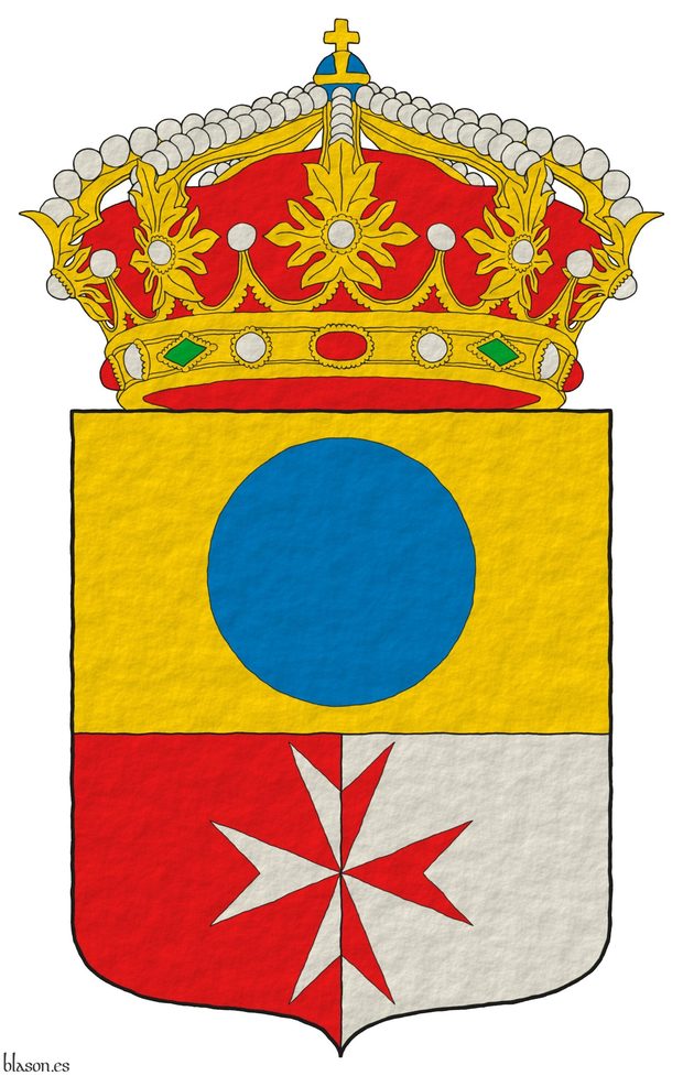 Plain tincture for the arms and crown of Municipality of Candasnos Party per fess, the base per pale: 1 Or, a hurt; 2 Gules and 3 Argent, over both a cross of Malta counterchanged. Crest: A closed royal crown.