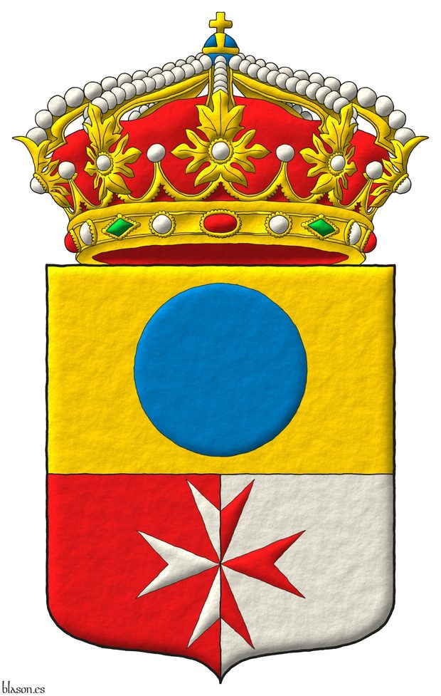 Crown municipality of Candasnos Party per fess, the base per pale: 1 Or, a hurt; 2 Gules and 3 Argent, over both a cross of Malta counterchanged. Crest: A closed royal crown.