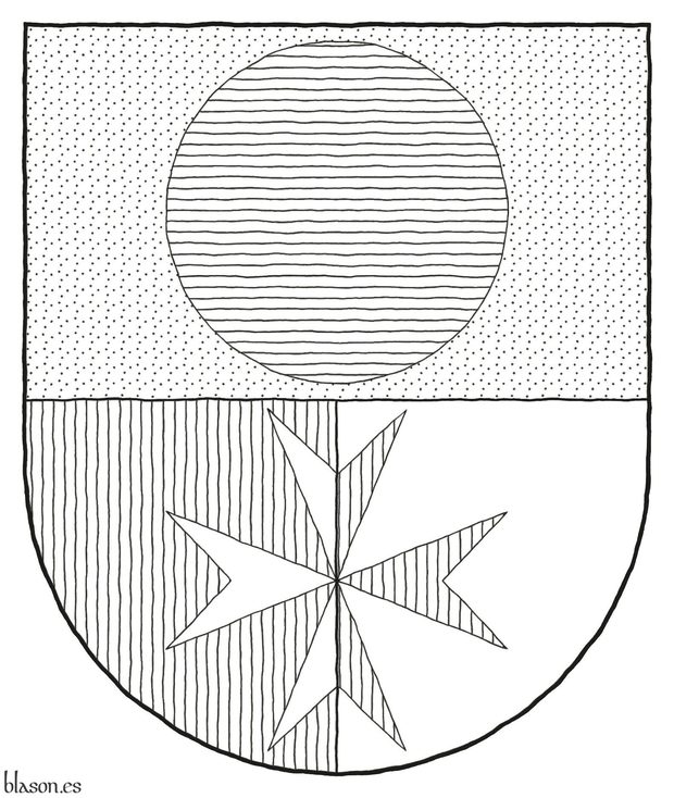 Técnica de rayado para las armas de Municipio de Candasnos Escudo cortado y medio partido: 1o de oro, un roel de azur; 2o de gules y 3o de plata, brochante sobre ambos, una cruz de Malta del uno al otro.