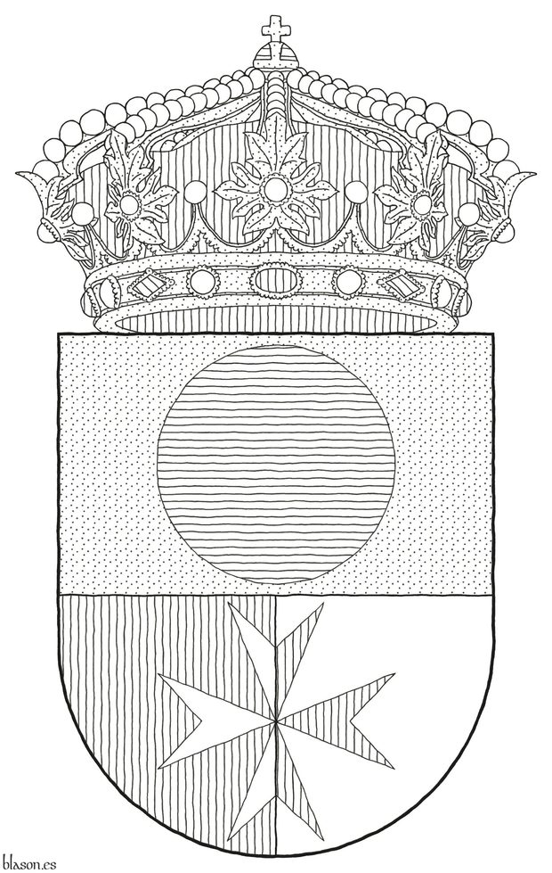 Técnica de rayado para las armas y la corona de Municipio de Candasnos Escudo cortado y medio partido: 1o de oro, un roel de azur; 2o de gules y 3o de plata, brochante sobre ambos, una cruz de Malta del uno al otro. Timbrado de una corona real cerrada.