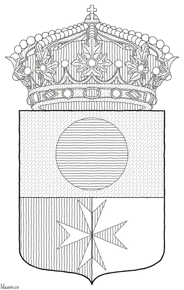 Hatching technique for the arms and crown of Municipality of Candasnos Party per fess, the base per pale: 1 Or, a hurt; 2 Gules and 3 Argent, over both a cross of Malta counterchanged. Crest: A closed royal crown.