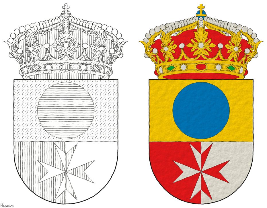 Escudo cortado y medio partido: 1o de oro, un roel de azur; 2o de gules y 3o de plata, brochante sobre ambos, una cruz de Malta del uno al otro. Timbrado de una corona real cerrada.
