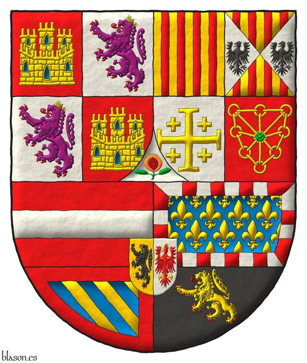 Escudo cortado: 1o partido: 1o cuartelado: 1o y 4o de gules, un castillo de oro, aclarado de azur, mazonado de sable [de Castilla]; 2o y 3o de plata, un le�n rampante de p�rpura, armado y lampasado de gules, coronado de oro [de Le�n]. 2o cuartelado: 1o de oro, cuatro palos de gules [de Arag�n]; 2o cuartelado en aspa: 1o y 4o de oro, cuatro palos de gules; 2o y 3o de plata, un �guila de sable [de Arag�n-Sicilia]. 3o de plata, una cruz potenzada cantonada de cuatro crucetas de oro [de Jerusal�n]. 4o de gules, una cadena puesta en orla, en cruz y en sotuer de oro, cargada en el centro de una esmeralda de sinople [de Navarra]. Entado en punta de plata, una granada al natural, tajada de gules, tallada y hojada de sinople [de Granada]. 2o cuartelado: 1o de gules, una faja de plata [de Austria]; 2o de azur sembrado de flores de lis de oro, una bordura componada de plata y gules [de Borgo�a moderna]; 3o bandado de oro y azur, una bordura de gules [de Borgo�a antigua]; 4o de sable, un le�n rampante de oro, armado y lampasado de gules [de Brabante]; sobre el todo un escus�n partido: 1o de oro, un le�n rampante de sable, armado y lampasado de gules [de Flandes]; 2o de plata, un �guila de gules, coronada, armada, picada, lampasada y membrada de oro, cargada en las alas con dos tallos trebolados todo de oro [del Tirol].