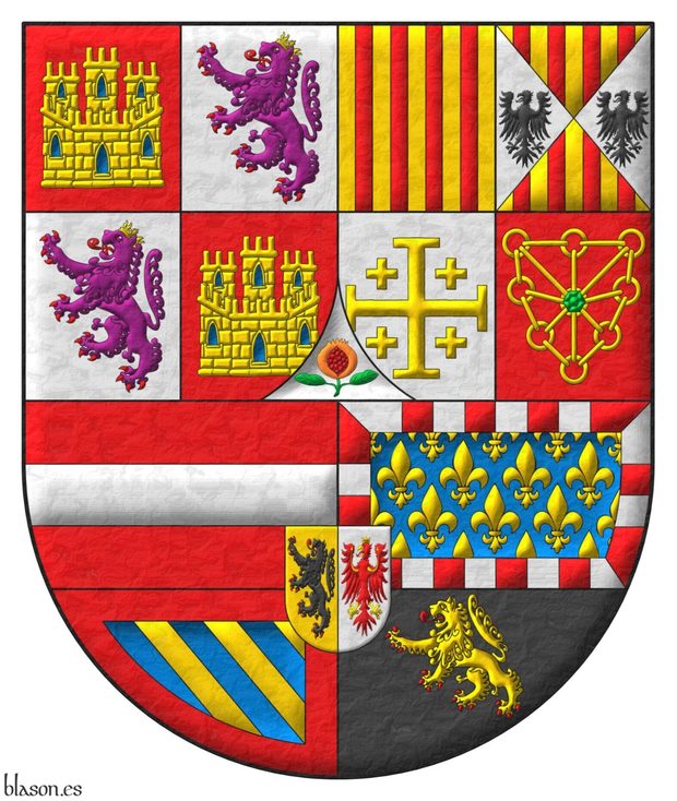Party per fess: 1 party per pale: 1 quarterly: 1 and 4 Gules, a castle triple-towered Or, port and windows Azure, masoned Sable [for Castile]; 2 and 3 Argent, a lion rampant Purpure, armed and langued Gules, crowned Or [for Leon]. 2 quarterly: 1 Or, four pallets Gules [for Aragon]; 2 quarterly per saltire: 1 and 4 Or, four pallets Gules; 2 and 3 Argent, an eagle displayed Sable [for Aragon-Sicily]. 3 Argent, a cross potent cantoned of four crosslets Or [for Jerusalem]. 4 Gules, a chain orlewise, crosswise, and saltirewise Or, charged in the fess point with an emerald Vert [for Navarre]. Ent� en point Argent, a pomegranate proper, seeded Gules, slipped and leaved Vert [for Granada]. 2 quarterly: 1 Gules, a fess Argent [for Austria]; 2 Azure sem� of fleurs de lis Or within a bordure compony Argent and Gules [for Burgundy modern]; 3 bendy Or and Azure within a bordure Gules [for Burgundy ancient]; 4 Sable, a lion rampant Or, armed and langued Gules [for Brabant]; overall an inescutcheon party per pale: 1 Or, a lion rampant Sable, armed and langued Gules [for Flanders]; 2 Argent, an eagle displayed Gules, crowned, armed, beaked, langued and membered Or, charged on the wings with two trefoiled stems Or [for Tyrol].