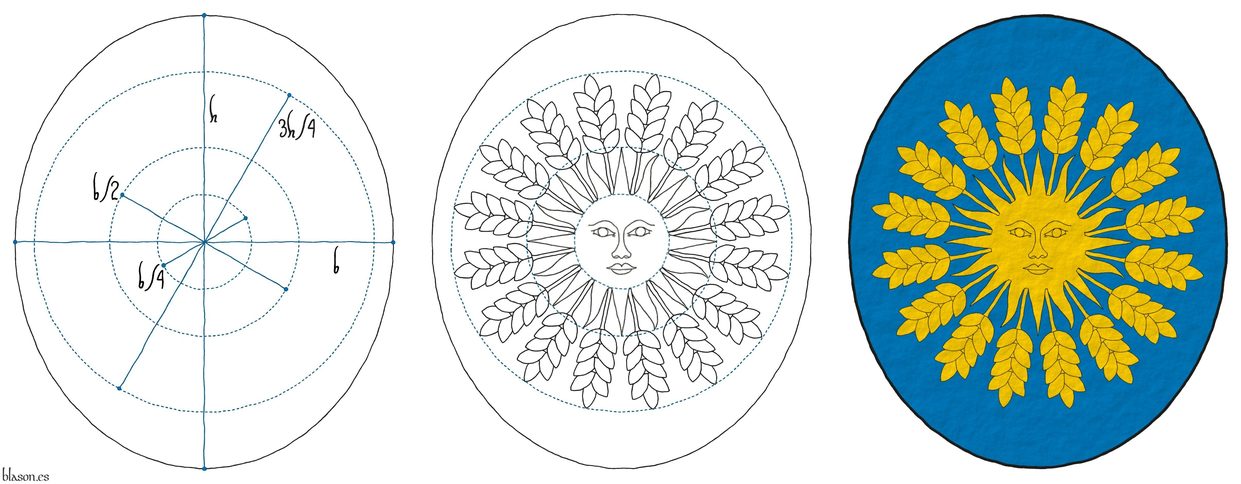 Escudo de azur, un sol, radiante de diecis�is espigas de trigo todo de oro.
