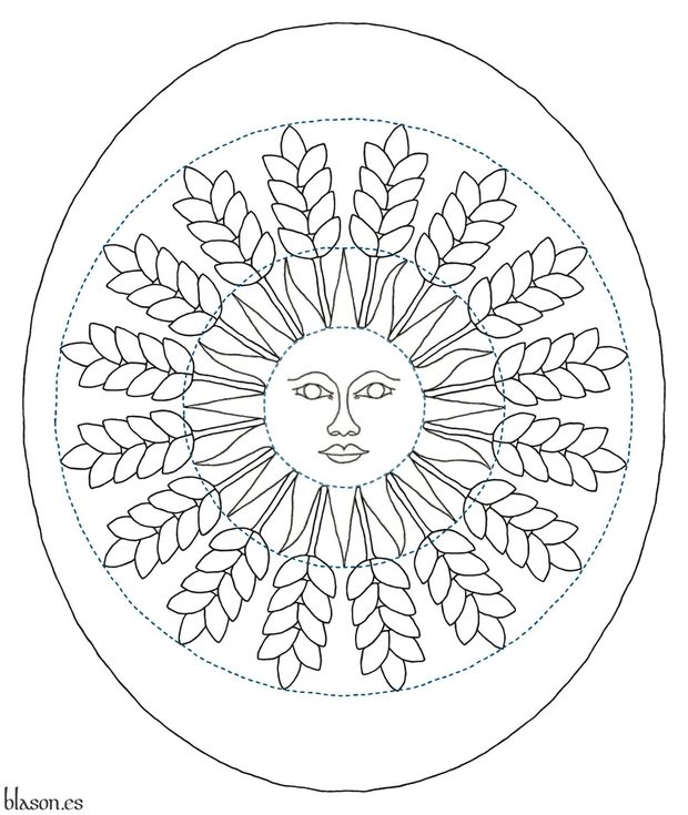 Escudo de azur, un sol, radiante de diecis�is espigas de trigo todo de oro.