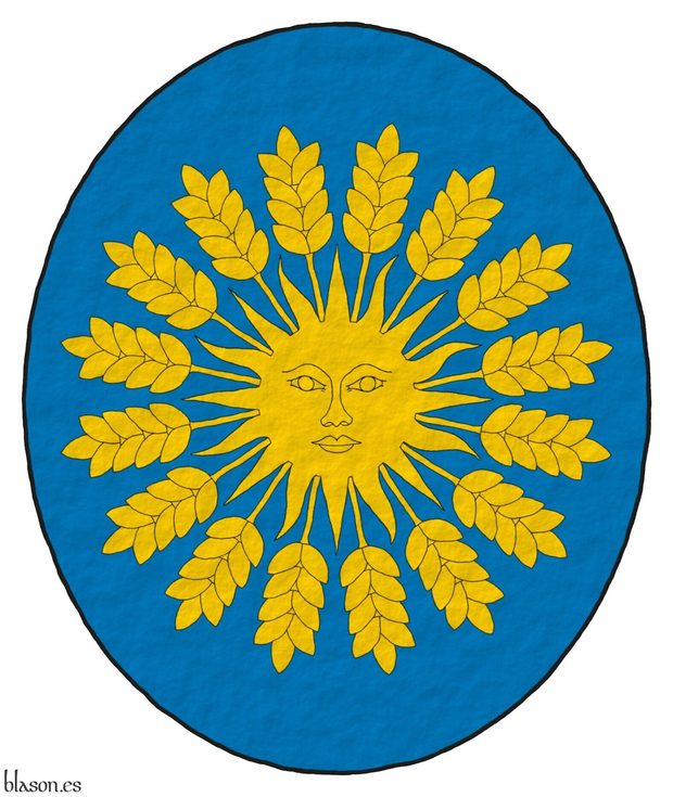 Escudo de azur, un sol, radiante de diecis�is espigas de trigo todo de oro.