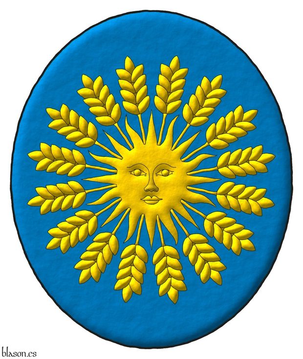 Escudo de azur, un sol, radiante de diecis�is espigas de trigo todo de oro.