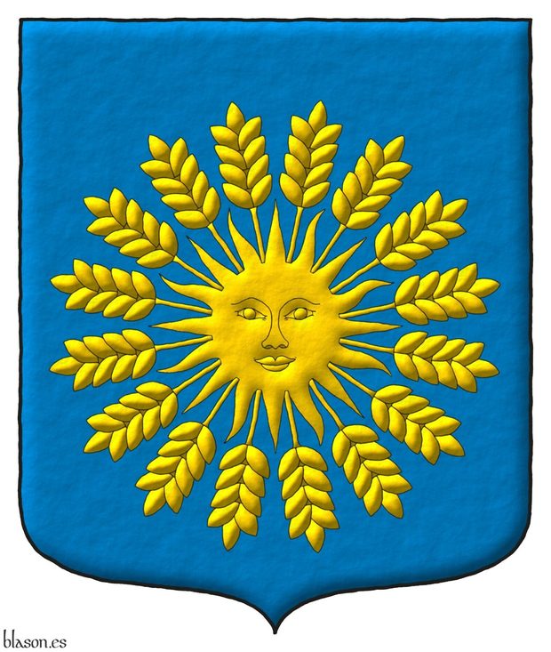 Azure, a sun in splendour, irradiated of sixteen ears of wheat Or.