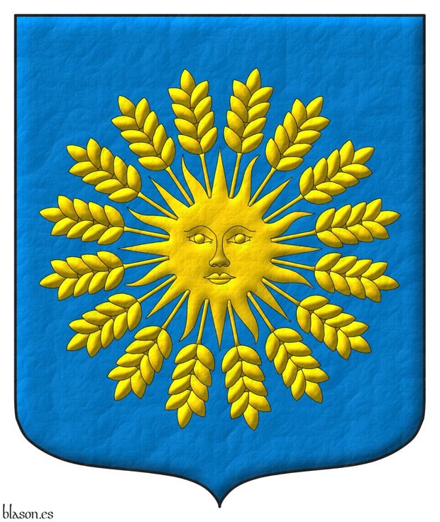 Azure, a sun in splendour, irradiated of sixteen ears of wheat Or.