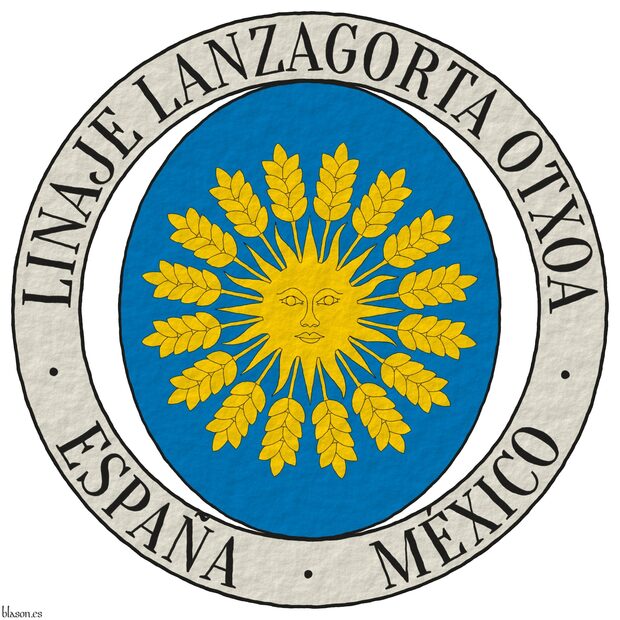 Escudo de azur, un sol, radiante de diecis�is espigas de trigo todo de oro. El escudo est� rodeado de un anillete de plata inscrito en jefe la divisa �Linaje Lanzagorta Otxoa� y en punta con �Espa�a � M�xico� ambas de sable.