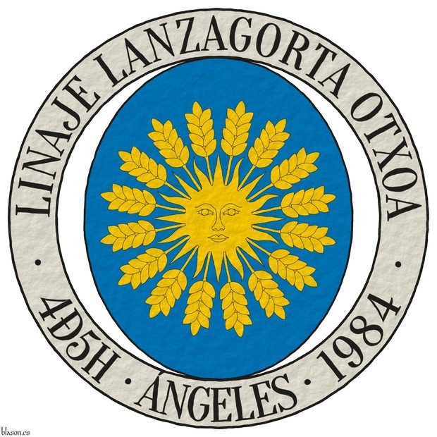 Azure, a sun in splendour, irradiated of sixteen ears of wheat Or. The shield is surrounded by an annulet Argent inscribed in chief with the motto �Linaje Lanzagorta Otxoa� and in base with �Espa�a � M�xico� Sable.