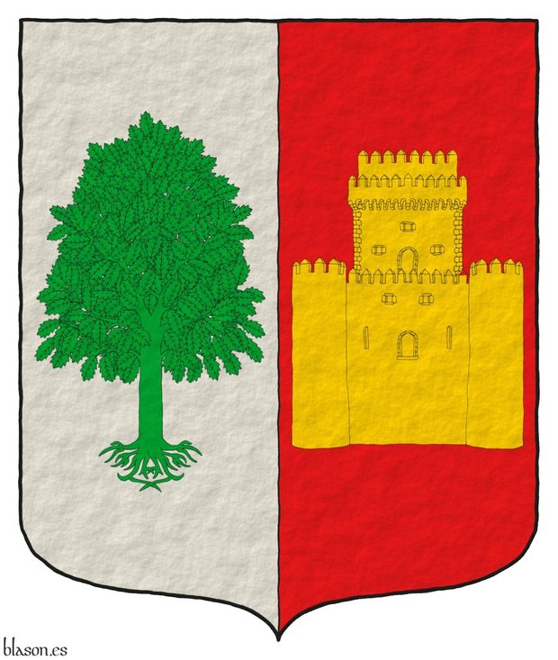 Escudo partido: 1o de plata, un olmo arrancado de sinople; 2o de Gules, un castillo con una torre almenada de oro.