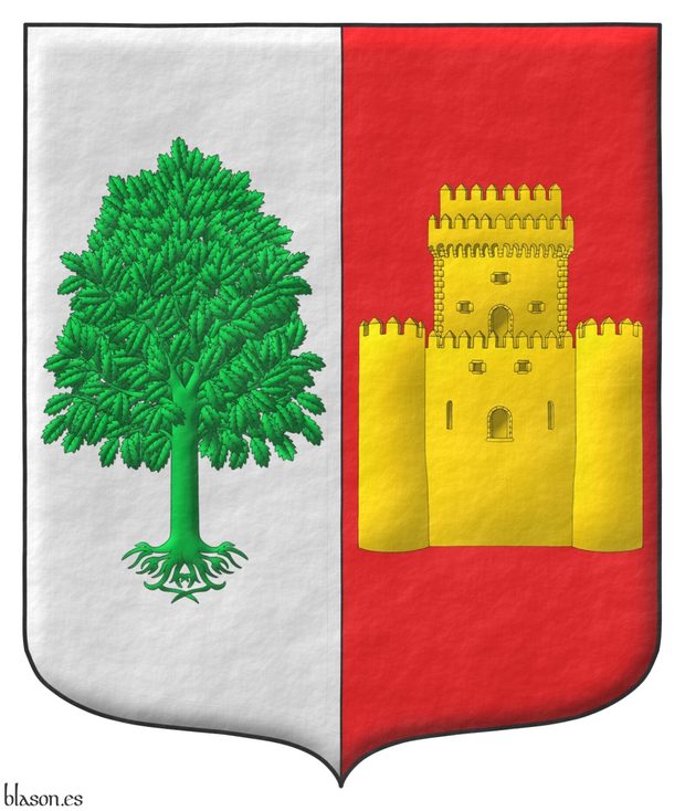 Party per pale: 1 Argent, an elm eradicated Vert; 2 Gules, a castle with an embattled tower Or.
