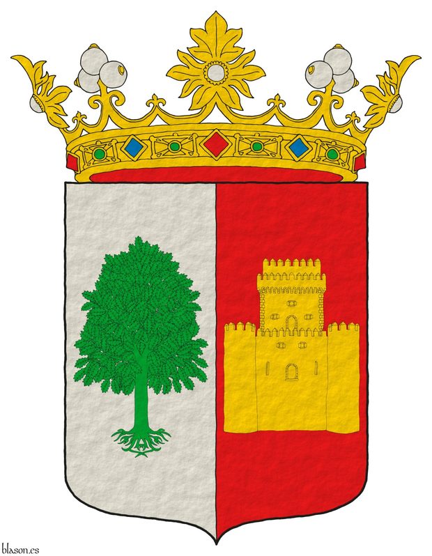 Party per pale: 1 Argent, an elm eradicated Vert; 2 Gules, a castle with an embattled tower Or. Crest: A crown of Marquis.