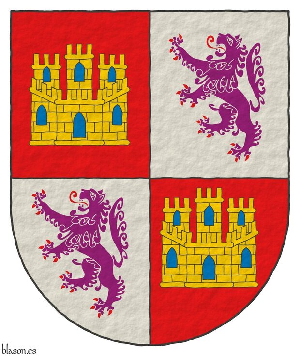 Quarterly: 1 and 4 Gules, a castle triple towered Or, port and windows Azure, masoned Sable; 2 and 3 Argent, a lion rampant Purpure, armed and langued Gules, crowned Or.