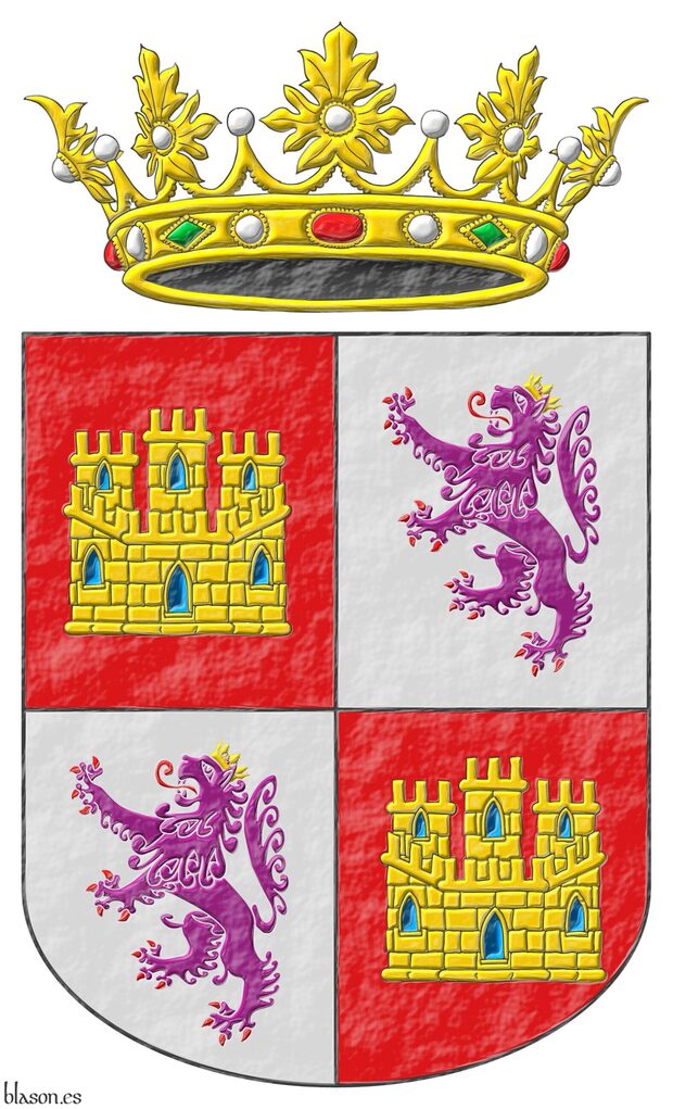 Escudo cuartelado: 1o y 4o de gules, un castillo de oro, aclarado de azur, mazonado de sable; 2o y 3o de plata, un len rampante de prpura, armado y lampasado de gules, coronado de oro. Timbrado de una corona real abierta.