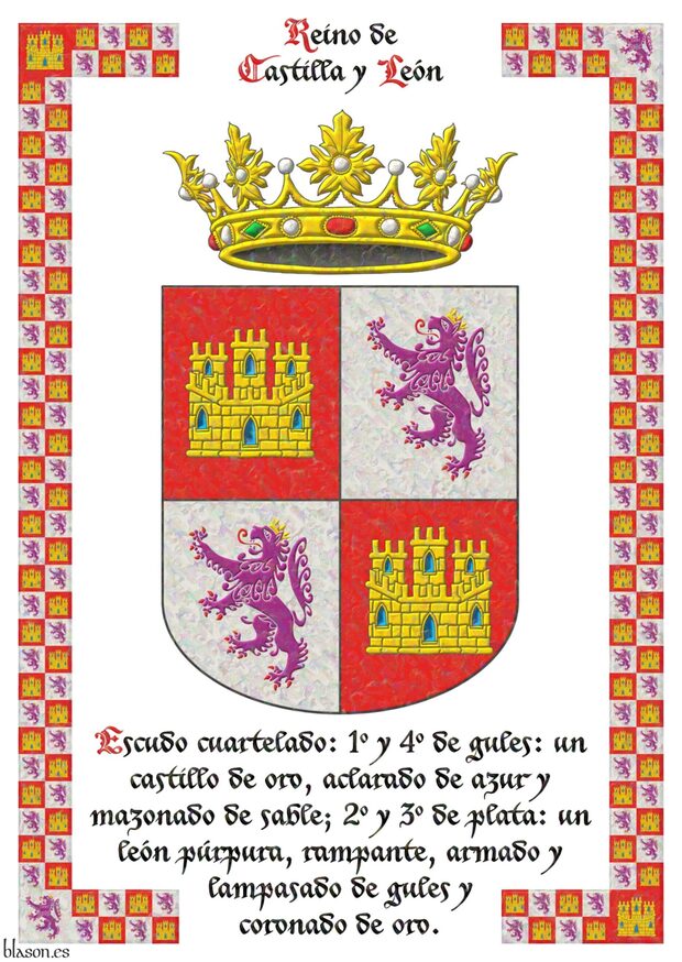 Escudo cuartelado: 1o y 4o de gules, un castillo de oro, aclarado de azur, mazonado de sable; 2o y 3o de plata, un len rampante de prpura, armado y lampasado de gules, coronado de oro. Timbrado de una corona real abierta.