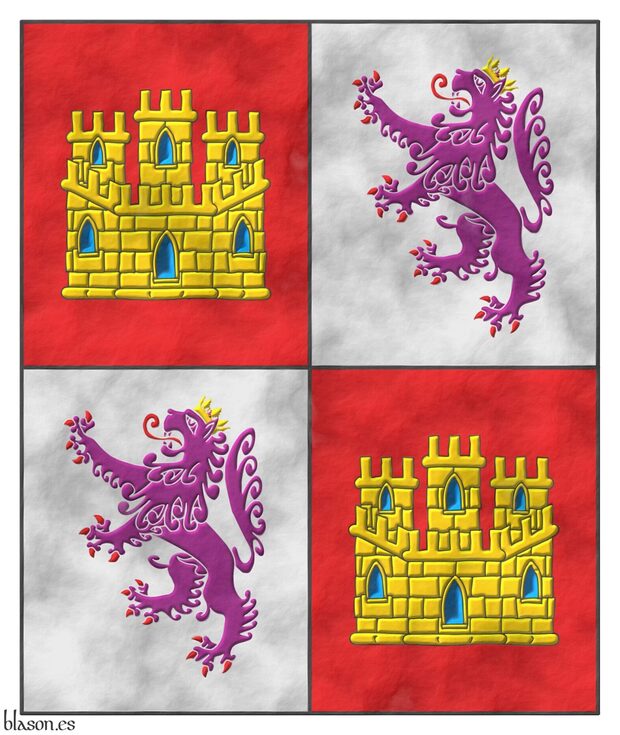 Pendn cuartelado: 1o y 4o de gules, un castillo de oro, aclarado de azur, mazonado de sable; 2o y 3o de plata, un len rampante de prpura, armado y lampasado de gules, coronado de oro.