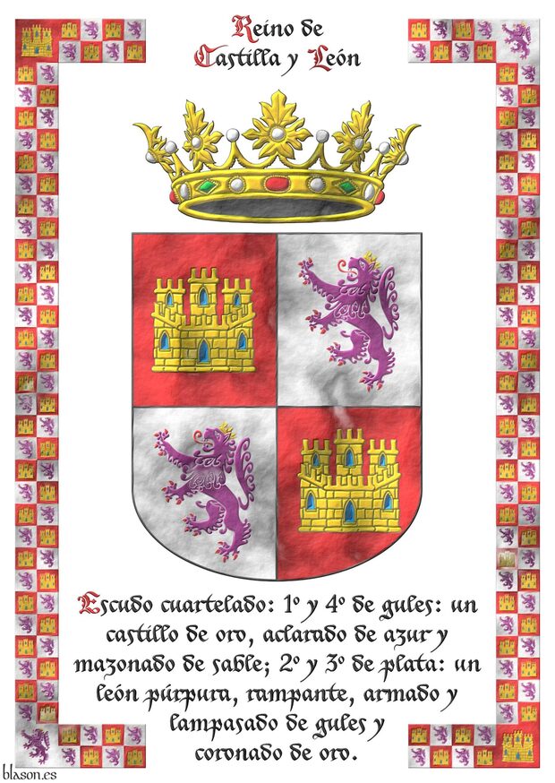 Escudo cuartelado: 1o y 4o de gules, un castillo de oro, aclarado de azur, mazonado de sable; 2o y 3o de plata, un len rampante de prpura, armado y lampasado de gules, coronado de oro. Timbrado de una corona real abierta.