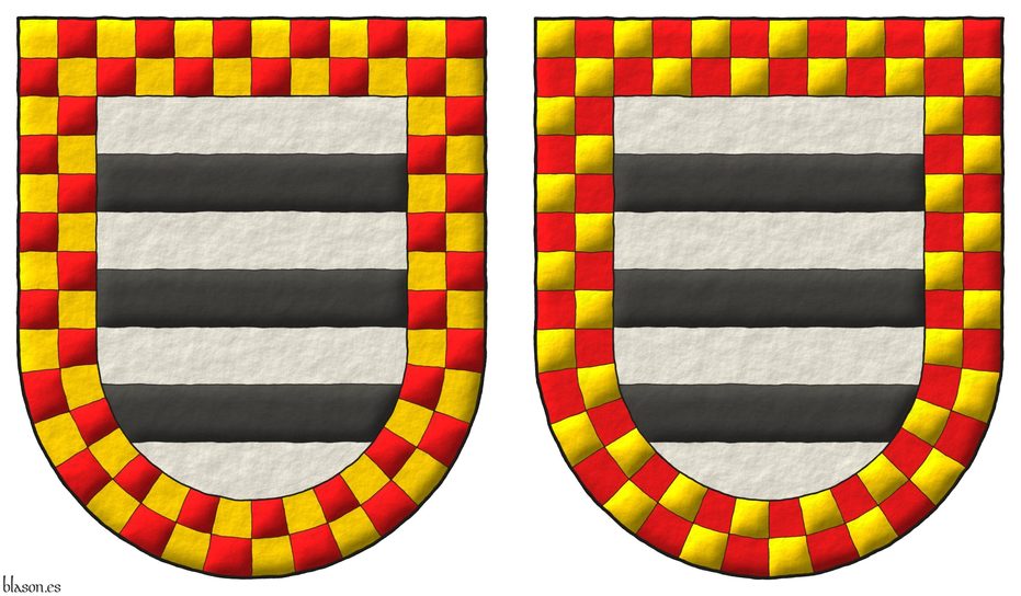 Argent, three bars Sable; within a bordure countercompony Or and Gules.