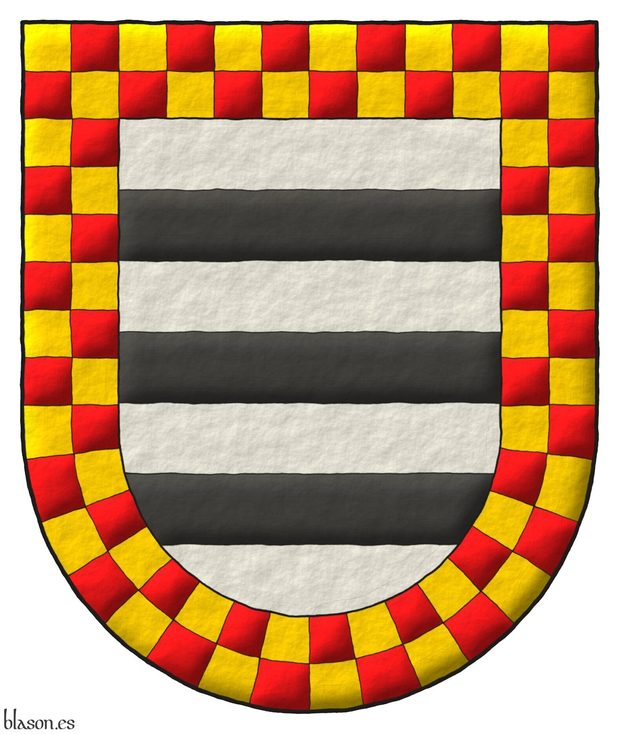 Escudo de plata, tres fajas de sable; bordura ajedrezada de oro y gules. 2 versiones para el mismo blasn.