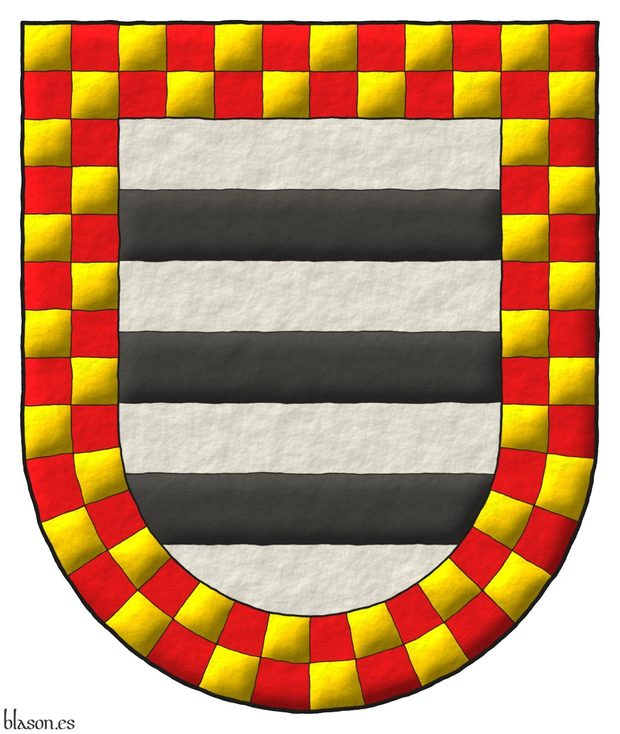 Argent, three bars Sable; within a bordure countercompony Or and Gules. 2 versions for the same blazon.