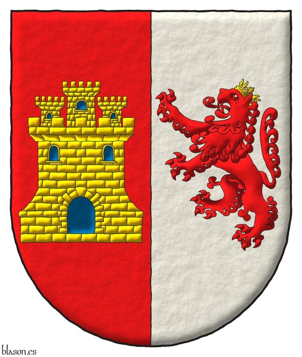 Escudo partido: 1o de gules, un castillo de oro, aclarado de azur y mazonado de sable; 2o de plata, un len rampante de gules, coronado de oro.