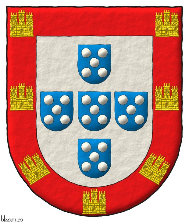 Escudo de plata, cinco escudetes en cruz de azur, cada uno cargado de cinco bezantes en sotuer de plata; una bordura de gules, cargada de siete castillos de oro, dos en jefe, uno en cada flanco y tres en punta