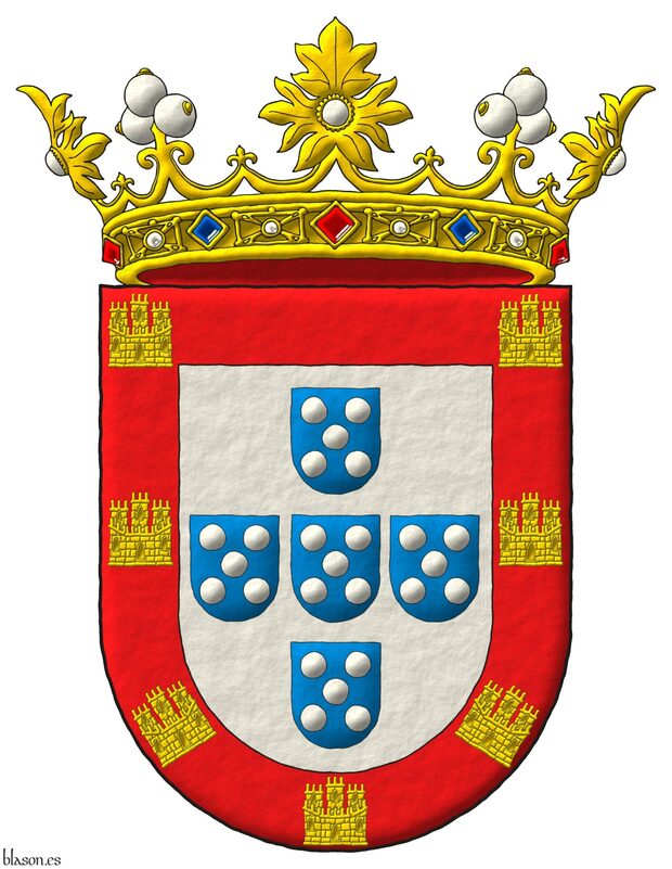 Escudo de plata, cinco escudetes en cruz de azur, cada uno cargado de cinco bezantes en sotuer de plata; una bordura de gules, cargada de siete castillos de oro, dos en jefe, uno en cada flanco y tres en punta. Timbrado de una corona de marqus
