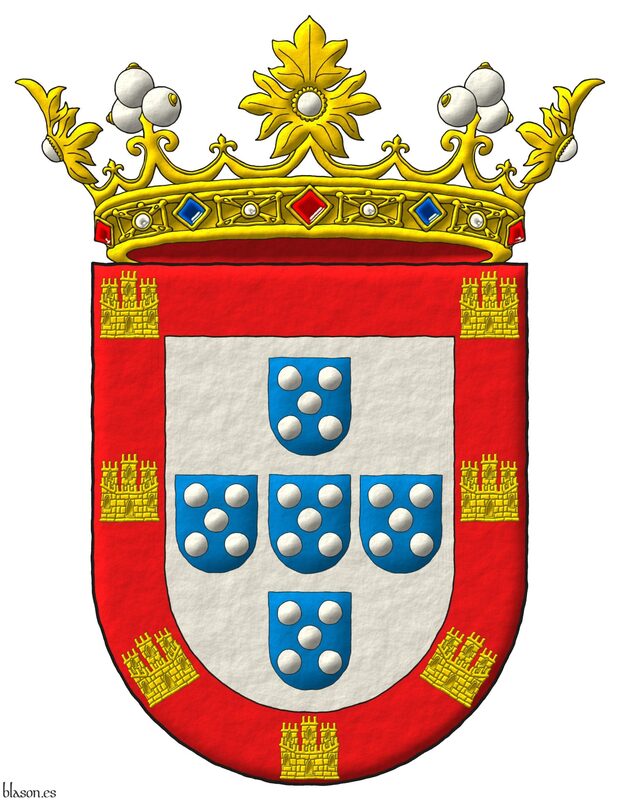 Escudo de plata, cinco escudetes en cruz de azur, cada uno cargado de cinco bezantes en sotuer de plata; una bordura de gules, cargada de siete castillos de oro, dos en jefe, uno en cada flanco y tres en punta. Timbrado de una corona de marqus