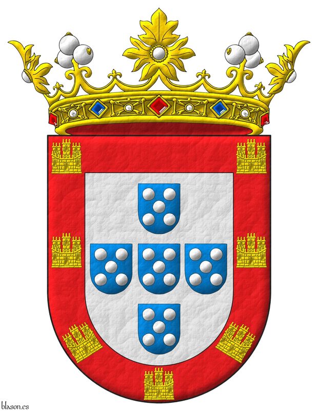 Argent, five escutcheons in cross Azure, each charged with five plates in saltire Argent; a bordure Gules, charged with seven castles triple-towered Or, 2, 2, 2, and 1. Crest: A crown of Marquis.