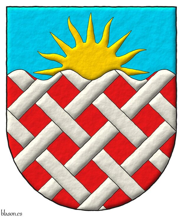 Escudo de gules fretado de plata; en un jefe ondado de celeste, un sol saliente de oro.