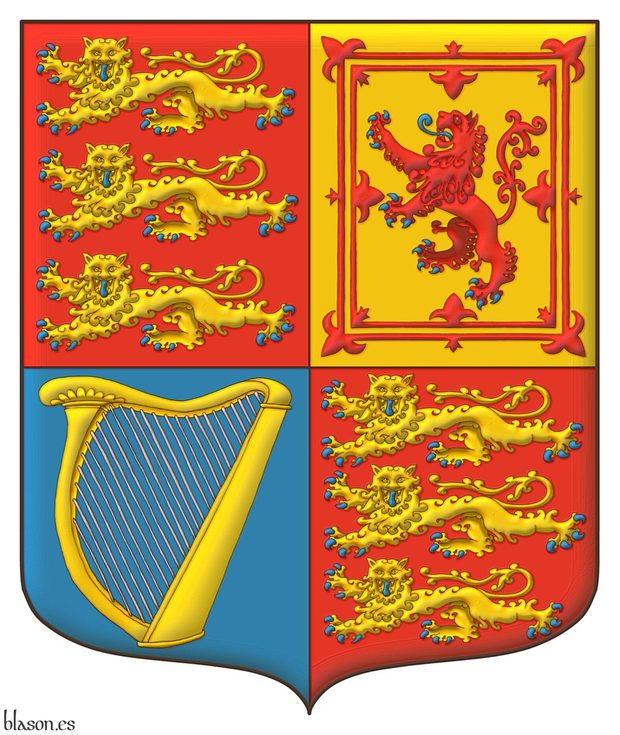 Quarterly: 1 and 4 Gules, three lions passant, guardant, in pale Or, armed and langued Azure; 2 Or, a lion rampant Gules, armed and langued Azure, within a double tressure flory counterflory Gules; 3 Azure, a harp Or, stringed Argent.