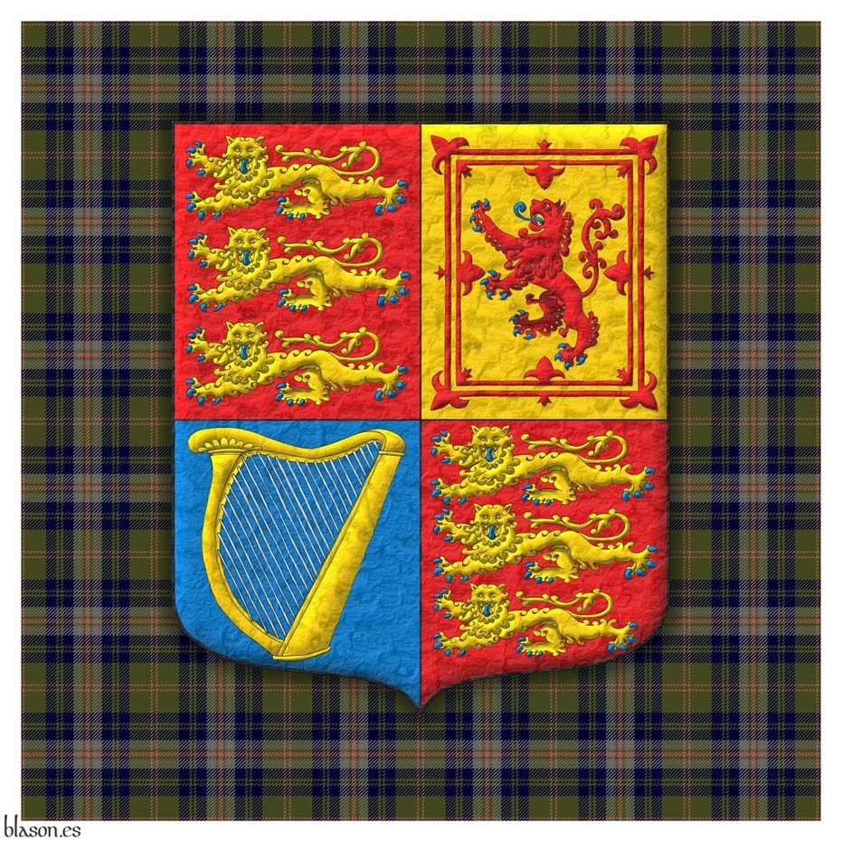 Escudo cuartelado: 1o y 4o de gules, tres leopardos en palo de oro, lampasados y armados de azur; 2o de oro, un len de gules, armado y lampasado de azur, encerrado en un trechor doble flordelisado y contraflordelisado de gules; 3o de azur, un arpa de oro cordada de plata.