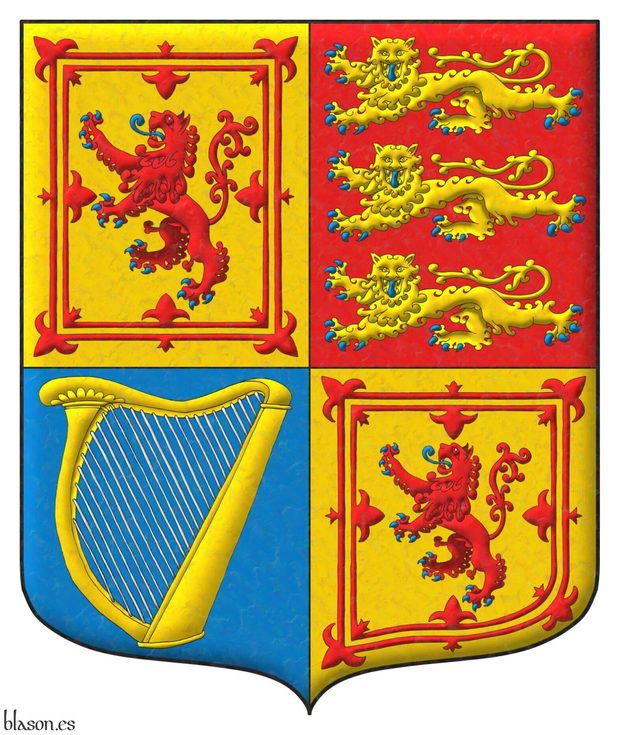 Escudo cuartelado: 1o y 4o de oro, un len de gules, armado y lampasado de azur, encerrado en un trechor doble flordelisado y contraflordelisado de gules; 2o de gules, tres leopardos en palo de oro, lampasados y armados de azur; 3o de azur, un arpa de oro cordada de plata.