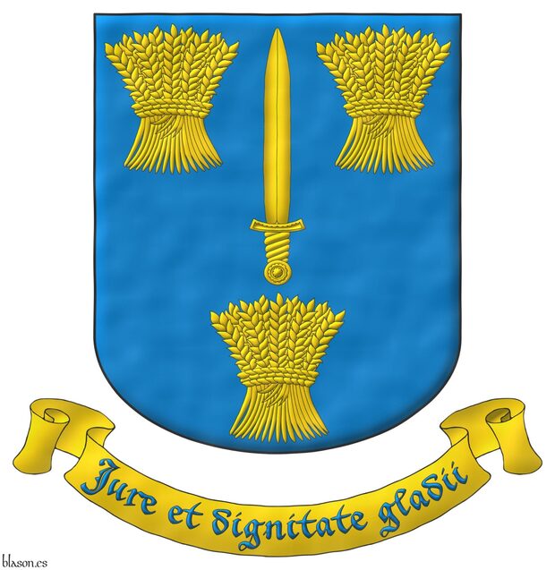 Escudo de azur, una espada alzada de oro, acompañada de tres gavillas de trigo de oro, 2 y 1. Lema: «Jure et dignitate gladii».