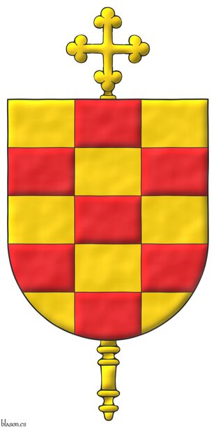 Escudo ajedrezado de quince piezas de oro y gules. Acolada detr�s del escudo una cruz procesional de oro.